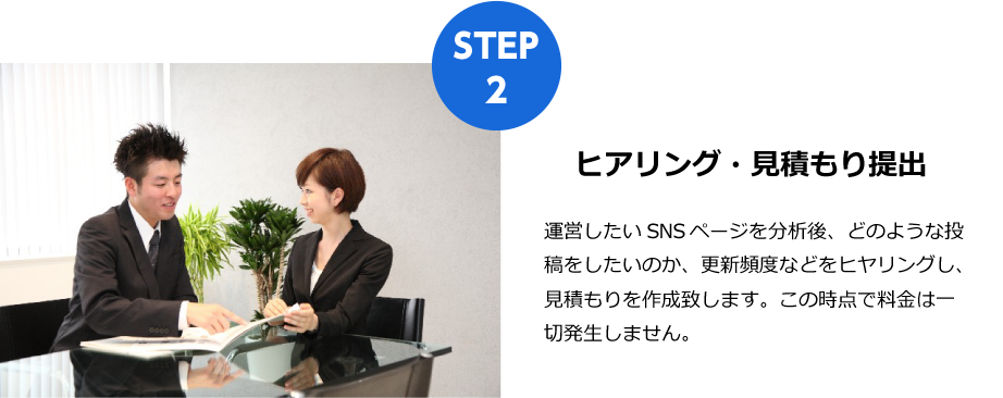 ヒアリング・見積もり提出
運営したいSNSページを分析後、どのような投稿をしたいのか、更新頻度などをヒヤリングし、見積もりを作成致します。この時点で料金は一切発生しません。